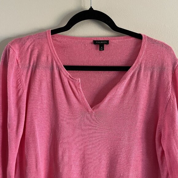 Talbots Women M Pink Split Neckline 3/4 Tie Sleeves Hamptons Linen Sweater - Picture 5 of 9